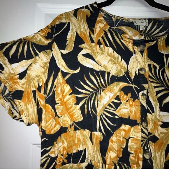 Wonderly Leaf Print 1/2 Button Front Ruffle Midi Dress - Picture 2 of 7